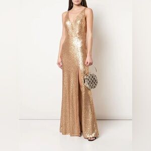 Marchesa Notte Gold Sequin V-Neck Dress